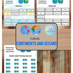 Welt / Erde Kontinente und Ozeane: Geographie Etiketten für Montessori Puzzle Maps | Farbe Globus, Erde, Sprache Printable | Vorschule