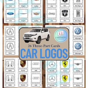 以下が含まれることがあります： 自動車のロゴが描かれた3分割カード26枚セット。モンテッソーリ教室での使用を目的としています。ロゴには、フォード、クライスラー、キャデラック、ジープ、ラム、ロールスロイス、アキュラ、フォルクスワーゲン、ホンダ、ポルシェ、アウディ、メルセデス、フェラーリ、ベントレーが含まれています。