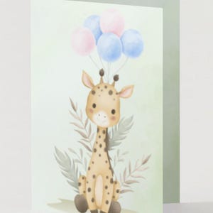 CARTE DE RÉVÉLATION DE GENRE, carte de révélation de sexe de girafe mignonne - ballons roses et bleus, carte de voeux pliée de baby shower