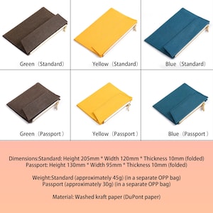 May include: A collection of zippered pouches in green, yellow, and blue. The pouches are available in standard and passport sizes. The text on the image indicates the dimensions and material of the pouches.
