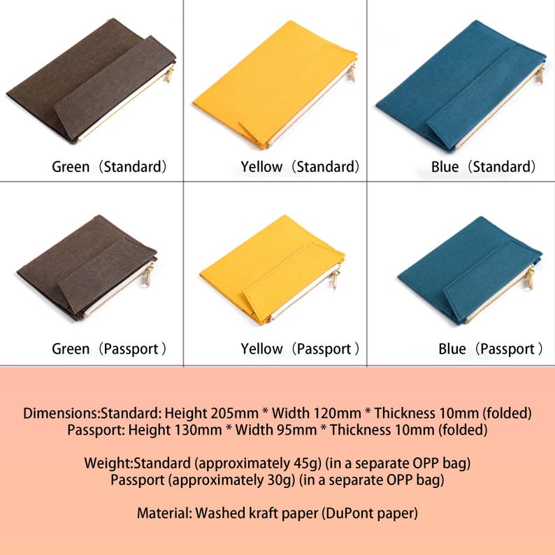 May include: A collection of zippered pouches in green, yellow, and blue. The pouches are available in standard and passport sizes. The text on the image indicates the dimensions and material of the pouches.