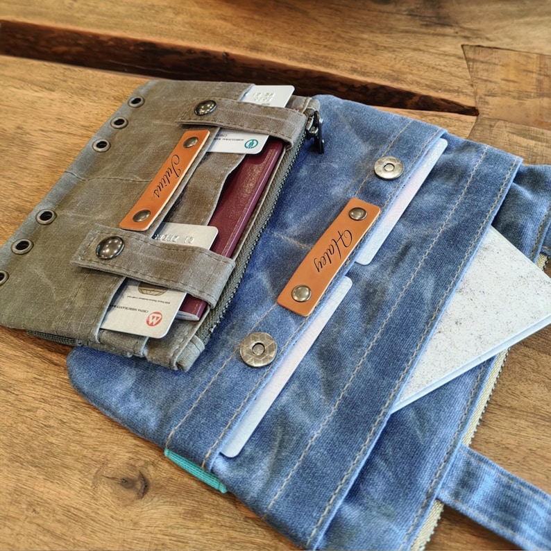Op de afbeelding: Twee canvas reisportemonnees in grijs en blauw. De grijze portemonnee is open en toont een paspoort en kaarten. De blauwe portemonnee is gedeeltelijk open en toont een witte kaart. Beide portemonnees hebben leren naamlabels en metalen druksluitingen.