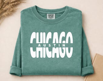 Austin Chicago långärmad skjorta | Chicago grannskapsskjorta | Komfortfärger långärmad | Chicago-present | Austin-t-shirt