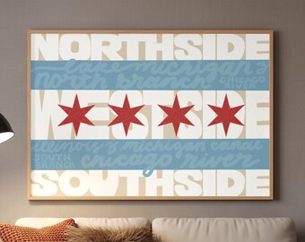 Typografitryck med Chicagos flagga, väggkonst med Chicagos flagga, modern affisch med mellanvästern, dekor med Chicagofloden, neutral lägenhetskonst