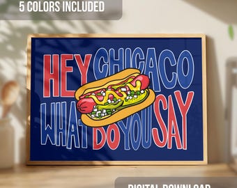 Chicago Hot Dog-tryck, Cubs-fanväggkonst, Chicago köksdekor, barvagnsaffisch, lägenhetsdekor, digital nedladdning, 5 färger inkluderade