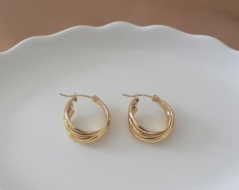 18K Gold Plated Medium Twisted Triple-Band Oval Hoop Statement Earrings, 24mm x 20mm