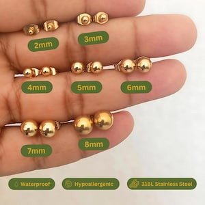 18K Gold Plated Ball Stud Earrings, Tiny, Dainty, Minimalist, Tarnish Free Stainless Steel, Waterproof, Hypoallergenic, Gift For Her