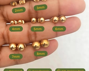 18K Gold Plated Ball Tiny Dainty Minimalist Stud Earrings, Hypoallergenic, 2-8mm