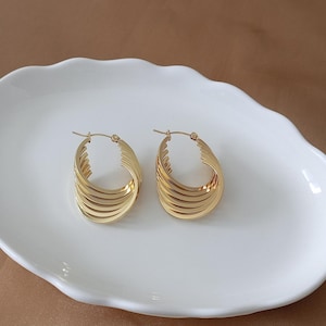 May include: A pair of gold-coloured hoop earrings. Each earring has a layered design with multiple curved, parallel bars. The earrings are displayed on a white, scalloped-edge plate against a neutral background.