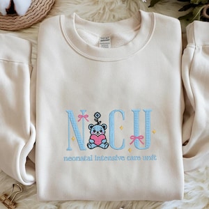 Embroidered Bear NICU Sweatshirt, Neonatal Intensive Care Unit Nurse Shirt, NICU Nurse Hoodie, Cute Nurse Gift, Blue Toile Nurse For Her