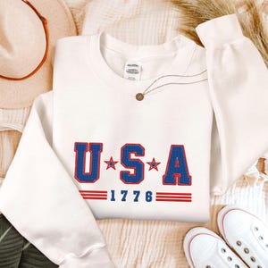 USA Embroidered Sweatshirt, 4th of July Sweater, America Sweatshirt USA EST 1776 Patriotic Shirt, Womens 4th of July Sweatshirt, Flag Shirt