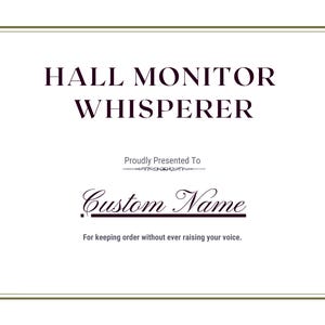 Certificaat Hall Monitor Whisperer Teacher, onderscheiding middelbare school leraar, op maat gemaakt waarderingscadeau leraar middelbare school
