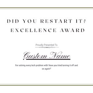 Certificat de récompense sur le lieu de travail L'avez-vous redémarré, récompense de bureau pour collègue drôle, cadeau amusant unique, plaque personnalisée humour au travail
