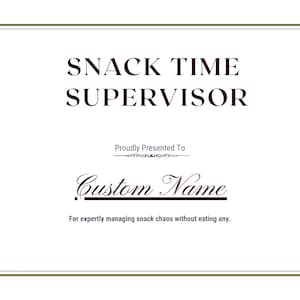Certificat de superviseur de l'heure du goûter, prix d'enseignant du primaire, cadeau de reconnaissance personnalisé pour enseignant de maternelle 1re 2e 3e année