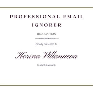 Certificat de récompense Pro Email Ignorer Workplace, Funny Coworker Office Award, Cadeau de bâillon sarcastique, Plaque personnalisée d'humour au travail