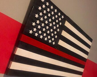 Red Line American Flag - Wooden American Flag - Rustic Wooden Flag Art Gift for Firefighters & Fire Protection Wildfire