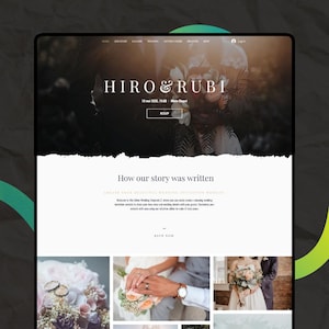 May include: A wedding website with the text "Hiro & Rubi" and the date "18 Mar 2023, 19:00" with a white background and a torn edge. The website has a photo of a couple in the background and a button that says "RSVP".