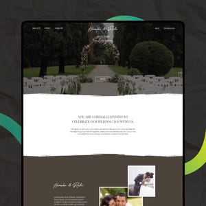 May include: A wedding invitation website with a photo of a wedding ceremony setup in a garden. The text on the website says "You are cordially invited to celebrate our wedding day with us." and "Hiroshi & Rabi".
