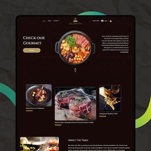 May include: A website layout featuring gourmet food. The top section displays a pot of food with various ingredients. Below are images of Roast Duck A L'Orange, Wagyu Beef Tenderloin with Black Garlic Puree, and Parmesan Truffle Fries. The text "CHECK OUR GOURMET" is visible.