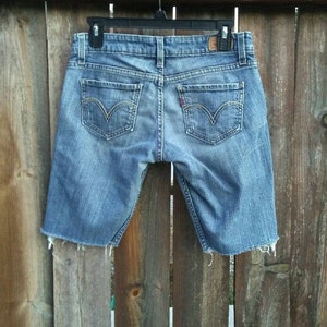 May include: A pair of blue denim shorts with frayed edges. The shorts have two back pockets with a red stitching detail.