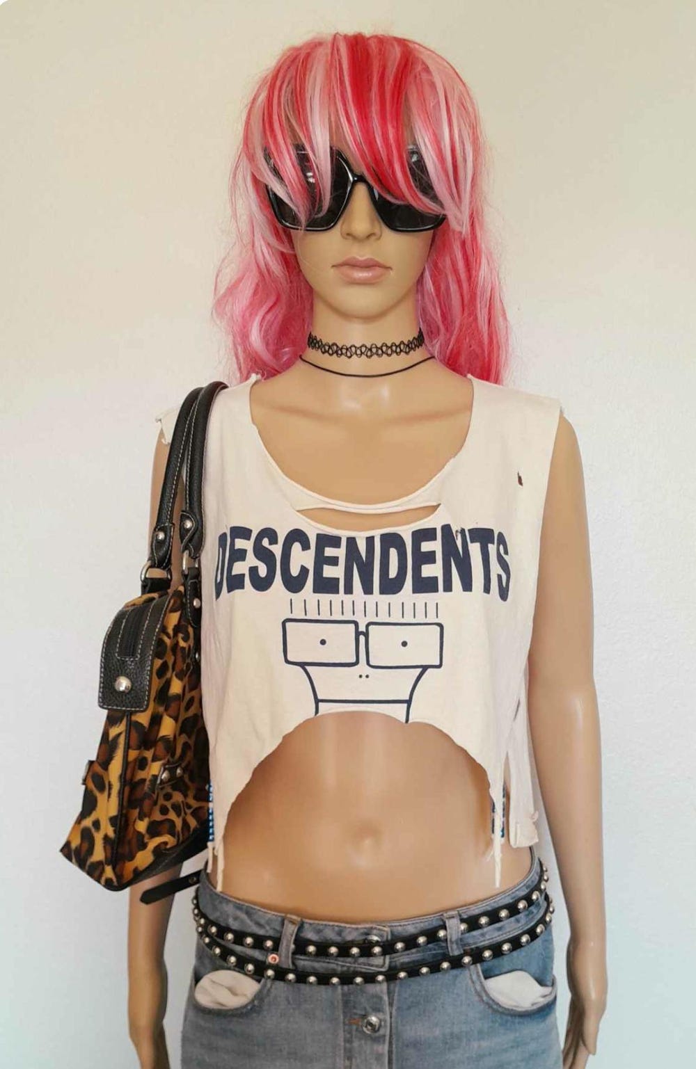 Beaded Descendents Tshirt Belly Crop Top Fringe Muscle Top Graphic Tee Hardcore Punk Band Rocker Tee Music Festival Punk Rock Girl Modified