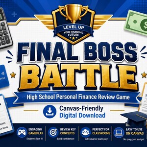 May include: An image promoting "Final Boss Battle," a financial literacy game. The design includes a calculator, credit card, cash, pie chart, tax form, and a graduation cap. It's advertised as a "High School Personal Finance Review Game" and a digital download.