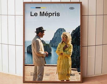 Plakat Le Mépris, grafika Brigitte Bardot, sztuka nowej fali francuskiej Godarda, wystrój kina Riwiera z lat 60., prezent dla kinomana