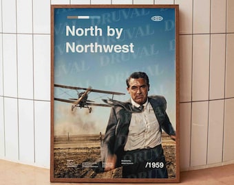 North by Northwest Poster, Cary Grant Print, Hitchcock Thriller Wall Art, 50s Classic Cinema Decor, Gift for Him
