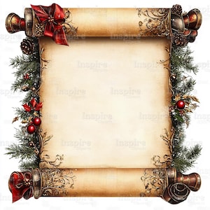 May include: A vintage scroll with a blank space in the center, decorated with a red bow, pine branches, and red Christmas ornaments. The scroll is rolled up at the top and bottom, with gold accents and a festive design.