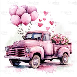15 Valentine&#39;s Day Truck Clipart, Pink Retro Truck, Valentine Printable Watercolor, High-Quality JPGs, Papercraft, Junk Journal