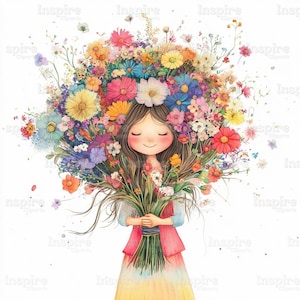 14 Clipart of Flower Delivery, Watercolor Illustration JPG, Junk Journaling, Scrapbook, Card Making, Digital Download, Whimsical Girl