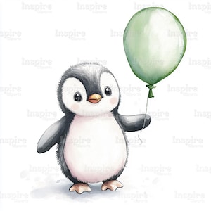 Penguin Watercolor Clipart: Baby Animals, Balloons (Digital Download, 4096x4096 px JPGs)
