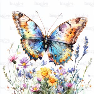 Butterfly Clipart, 15 Floral Illustrations, Wildflowers, Printable Watercolor clipart, High Quality PNGs, Digital download, Paper craft