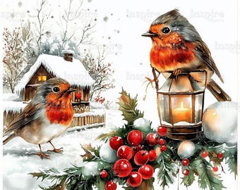 15 Robin and Lantern Clipart, Christmas Town Clipart, Printable Watercolor, High-Quality JPGs, Papercraft Junk Journal, Digital Craft