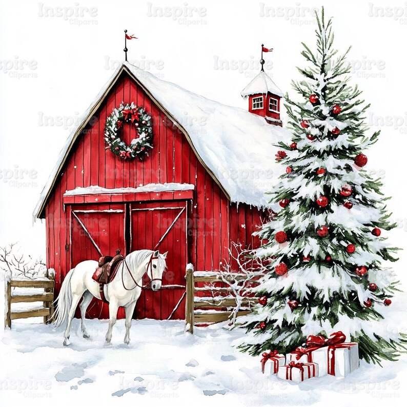 Winter Red Barn Clipart, White Horse, Christmas Decoration (jpgs ...