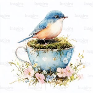 15 Clipart di uccelli e tazze da tè, Clipart di raccolta del tè, Clipart di acquerelli stampabili, JPG di alta qualità, Download digitale, Carta artigianale
