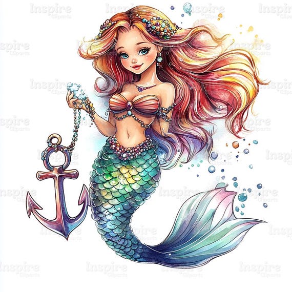 水彩画の人魚のクリップアートイラスト：漫画の人魚（デジタル