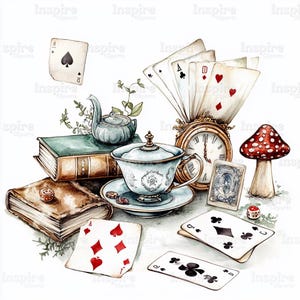14 Wonderland Clipart, Mad Hatter Tea Party Graphics, Printable Watercolor clipart, High Quality JPGs, Digital download, Paper craft