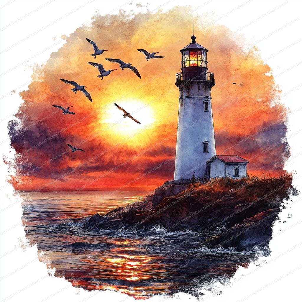夕焼け灯台の水彩画クリップアート：カモメ、夕焼け空アート（JPG