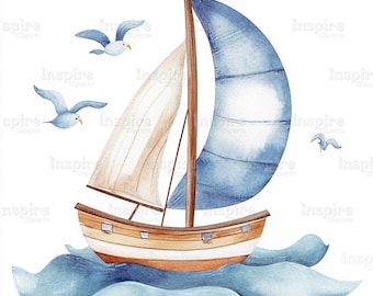 Watercolor Sailboat Clipart: Nursery Decor, Kids' Ship Art (Digital Download, 4096x4096 JPGs)
