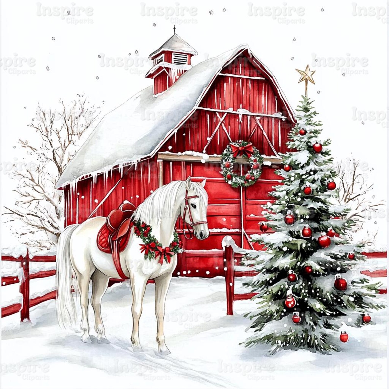 Winter Red Barn Clipart, White Horse, Christmas Decoration (jpgs ...