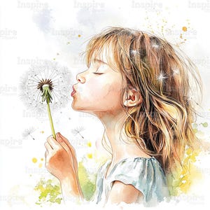 15 Girl with Dandelion Clipart: Watercolor Children&#39;s PNGs (Digital Download)