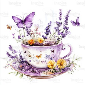 Set di 15 Clipart di tazze da tè floreali, illustrazione di farfalle, clipart di acquerelli stampabili, JPG di alta qualità, download digitale, creazione di carta