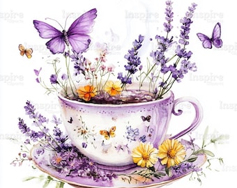 15 Floral Tea Cup Clipart Set, Butterfly Illustration, Printable Watercolor clipart, High Quality JPGs, Digital download, Paper craft