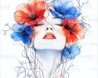 水彩画の女性の顔のクリップアート：抽象的な花のアート、ジャンク