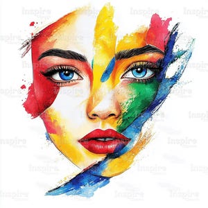 Clipart colorate di donne, opere d'arte astratte, decorazioni murali, volto di donna arcobaleno, acquerelli stampabili, JPG di alta qualità, creazioni di carta, diario di scarto