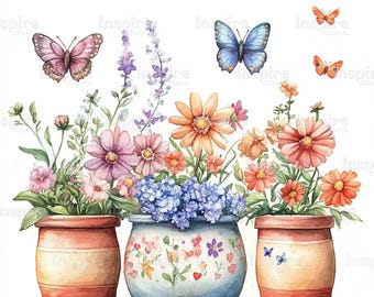 15 Vibrant Playful Flower Clipart, Line of Floral Clipart, Flower Pot Clipart, Printable Watercolor, High-Quality JPGs, Sublimation Design