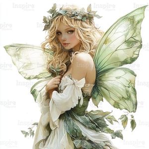 15 Forest Fairy Illustrations, Fairy Clipart, Green, Printable Watercolor clipart, High Quality JPGs, Digital download, Paper craft