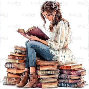 15 cliparts pour les amateurs de livres, fille avec une pile de livres, art littéraire, aquarelle imprimable, fichiers JPG de haute qualité, créations en papier, journal indésirable
