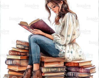 15 Girl with Book Stack Clipart: Literary Art, Watercolor Style (JPGs)